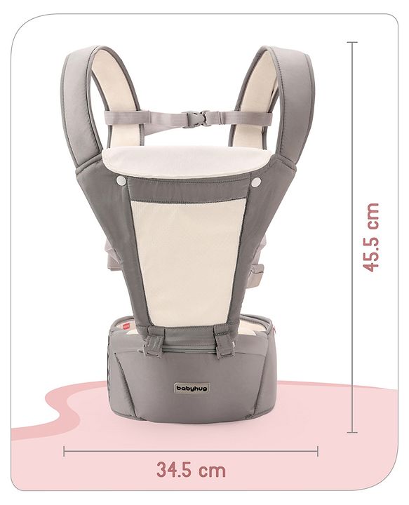 Babyhug Imperial 5-in-1 Baby Carrier with Hip Seat: Front, back & hip carrying positions, Adjustable head support, Padded straps, Breathable fabric, Pressure-relieving waist belt, Side storage pockets, Supports up to 15kg- Grey