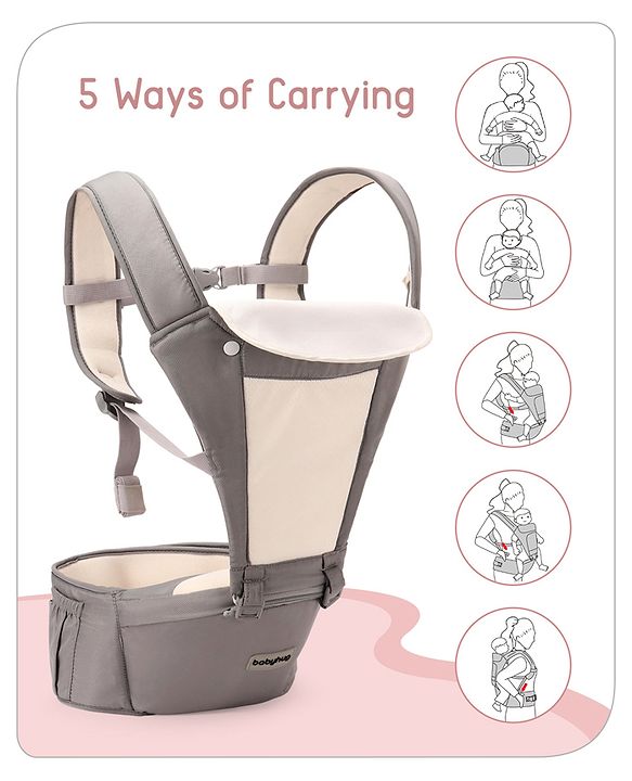 Babyhug Imperial 5-in-1 Baby Carrier with Hip Seat: Front, back & hip carrying positions, Adjustable head support, Padded straps, Breathable fabric, Pressure-relieving waist belt, Side storage pockets, Supports up to 15kg- Grey