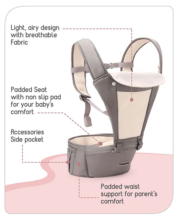 Babyhug Imperial 5-in-1 Baby Carrier with Hip Seat: Front, back & hip carrying positions, Adjustable head support, Padded straps, Breathable fabric, Pressure-relieving waist belt, Side storage pockets, Supports up to 15kg- Grey