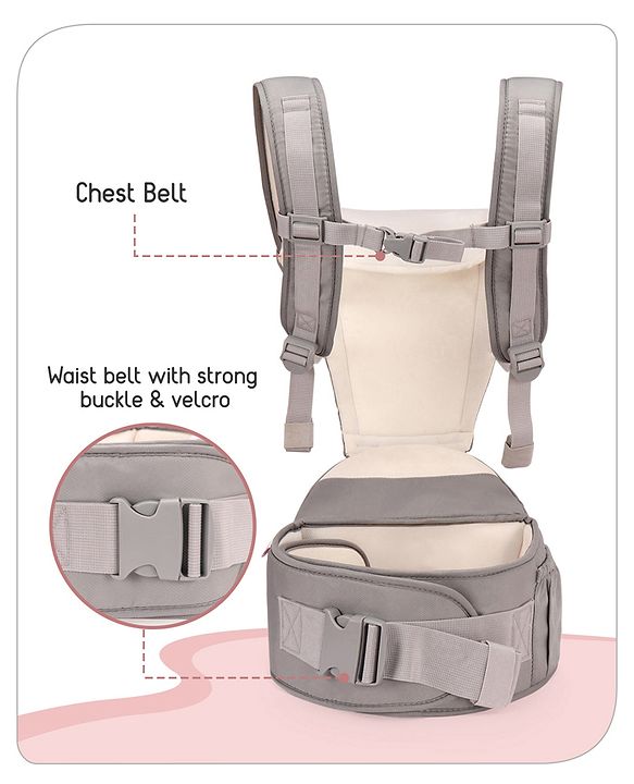 Babyhug Imperial 5-in-1 Baby Carrier with Hip Seat: Front, back & hip carrying positions, Adjustable head support, Padded straps, Breathable fabric, Pressure-relieving waist belt, Side storage pockets, Supports up to 15kg- Grey