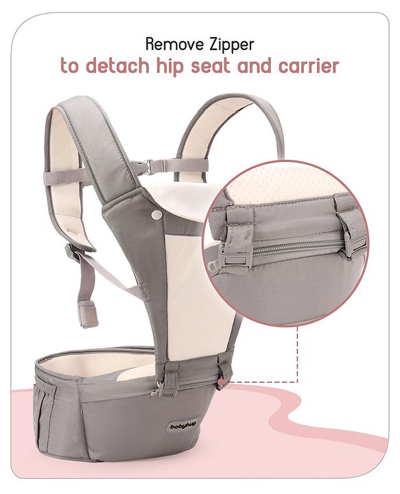 Babyhug Imperial 5-in-1 Baby Carrier with Hip Seat: Front, back & hip carrying positions, Adjustable head support, Padded straps, Breathable fabric, Pressure-relieving waist belt, Side storage pockets, Supports up to 15kg- Grey