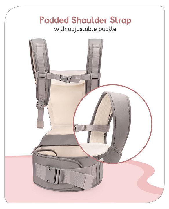 Babyhug Imperial 5-in-1 Baby Carrier with Hip Seat: Front, back & hip carrying positions, Adjustable head support, Padded straps, Breathable fabric, Pressure-relieving waist belt, Side storage pockets, Supports up to 15kg- Grey
