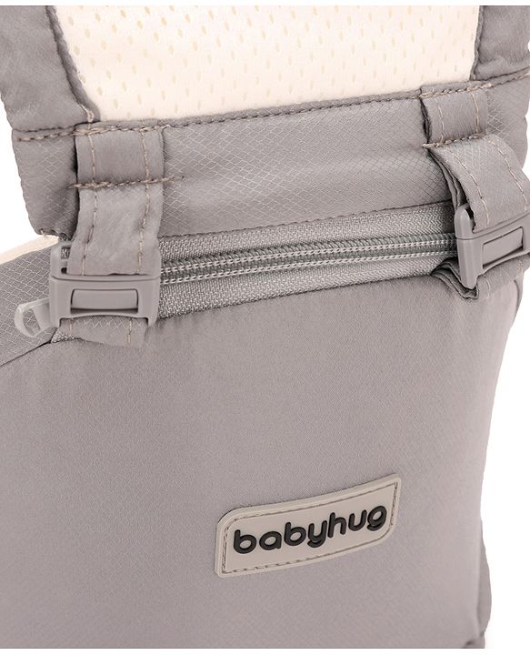 Babyhug Imperial 5-in-1 Baby Carrier with Hip Seat: Front, back & hip carrying positions, Adjustable head support, Padded straps, Breathable fabric, Pressure-relieving waist belt, Side storage pockets, Supports up to 15kg- Grey