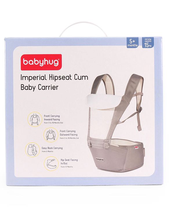 Babyhug Imperial 5-in-1 Baby Carrier with Hip Seat: Front, back & hip carrying positions, Adjustable head support, Padded straps, Breathable fabric, Pressure-relieving waist belt, Side storage pockets, Supports up to 15kg- Grey