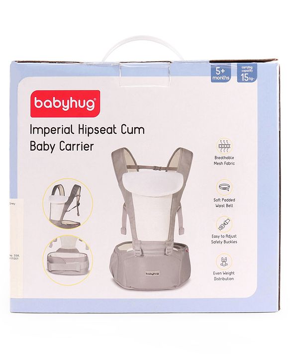 Babyhug Imperial 5-in-1 Baby Carrier with Hip Seat: Front, back & hip carrying positions, Adjustable head support, Padded straps, Breathable fabric, Pressure-relieving waist belt, Side storage pockets, Supports up to 15kg- Grey