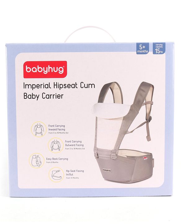 Babyhug Imperial 5-in-1 Baby Carrier with Hip Seat: Front, back & hip carrying positions, Adjustable head support, Padded straps, Breathable fabric, Pressure-relieving waist belt, Side storage pockets, Supports up to 15kg- Grey