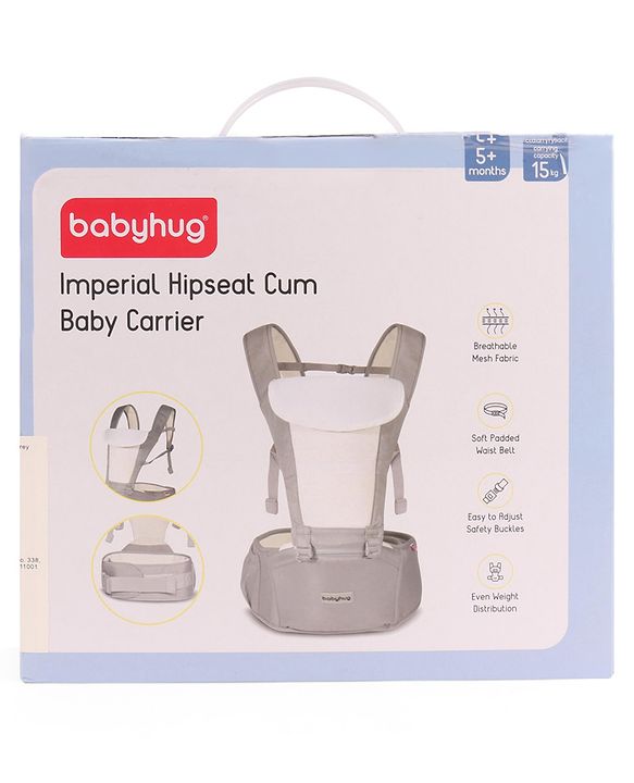 Babyhug Imperial 5-in-1 Baby Carrier with Hip Seat: Front, back & hip carrying positions, Adjustable head support, Padded straps, Breathable fabric, Pressure-relieving waist belt, Side storage pockets, Supports up to 15kg- Grey