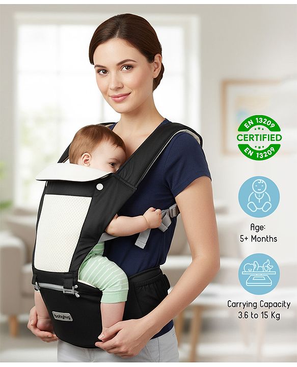 Babyhug Imperial 5-in-1 Baby Carrier with Hip Seat: Front, back & hip carrying positions, Adjustable head support, Padded straps, Breathable fabric, Pressure-relieving waist belt, Side storage pockets, Supports up to 15kg- Grey