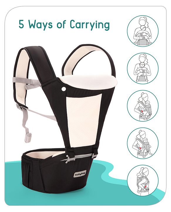 Babyhug Imperial 5-in-1 Baby Carrier with Hip Seat: Front, back & hip carrying positions, Adjustable head support, Padded straps, Breathable fabric, Pressure-relieving waist belt, Side storage pockets, Supports up to 15kg- Grey