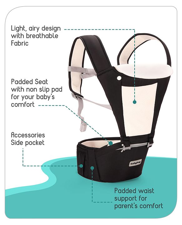 Babyhug Imperial 5-in-1 Baby Carrier with Hip Seat: Front, back & hip carrying positions, Adjustable head support, Padded straps, Breathable fabric, Pressure-relieving waist belt, Side storage pockets, Supports up to 15kg- Grey