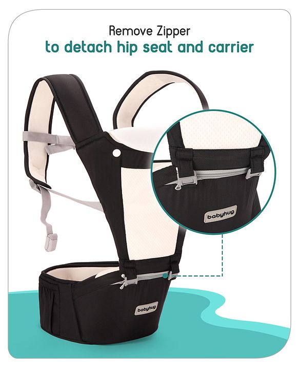 Babyhug Imperial 5-in-1 Baby Carrier with Hip Seat: Front, back & hip carrying positions, Adjustable head support, Padded straps, Breathable fabric, Pressure-relieving waist belt, Side storage pockets, Supports up to 15kg- Grey