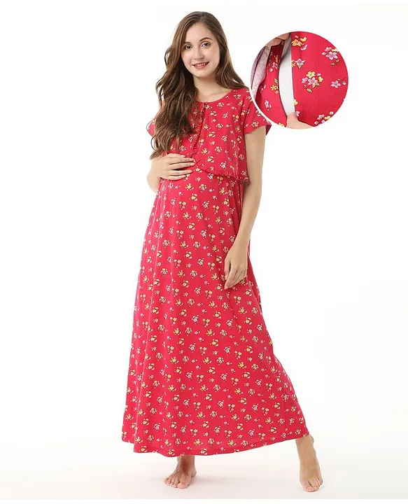 Bella Mama Cotton Half Sleeves Floral Print Nursing & Maternity Nighty with Concealed  Zipper Red Online in India, Buy at Best Price from  - 13078710