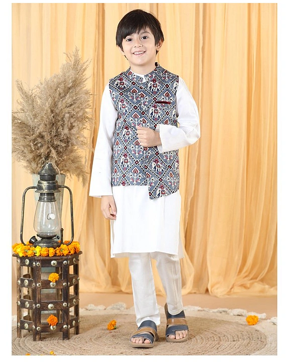 Set of 3: White Dobby Nehru Jacket With White Dobby Button Down Kurta –  TJORI