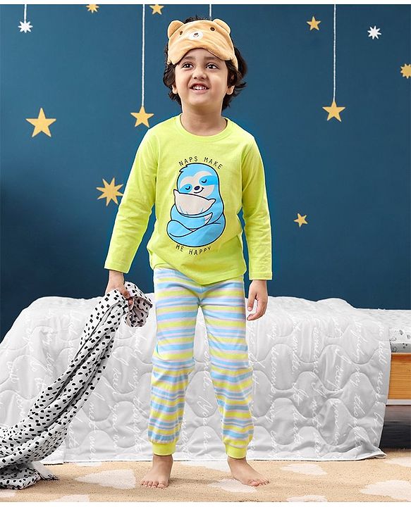 Babyhug Cotton Knit Full Sleeves Night Suit Sloth Print - Green