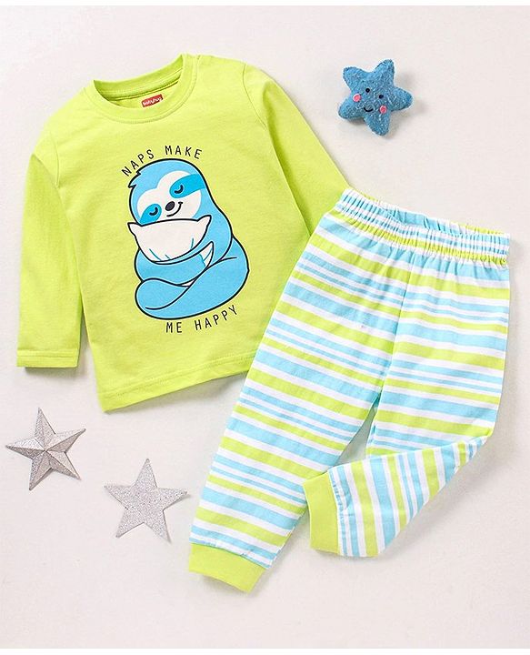 Babyhug Cotton Knit Full Sleeves Night Suit Sloth Print - Green