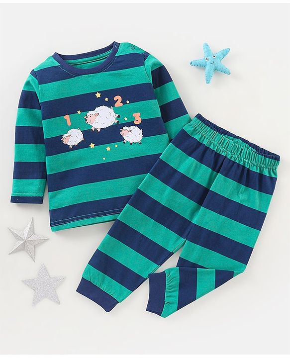 Babyhug Cotton Knit Full Sleeves Night Suit Sheep Print - Green