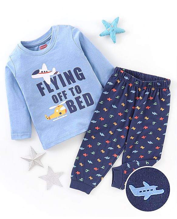 Babyhug Cotton Knit Full Sleeves Night Suit Plane Print - Blue