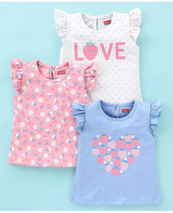 Babyhug 100% Cotton Frill Sleeves Tee With Floral & Strawberry Graphics Pack of 3- Blue & Pink