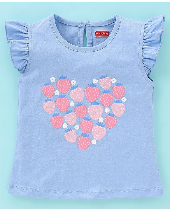 Babyhug 100% Cotton Frill Sleeves Tee With Floral & Strawberry Graphics Pack of 3- Blue & Pink