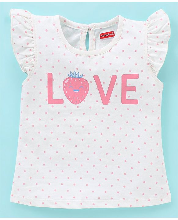 Babyhug 100% Cotton Frill Sleeves Tee With Floral & Strawberry Graphics Pack of 3- Blue & Pink