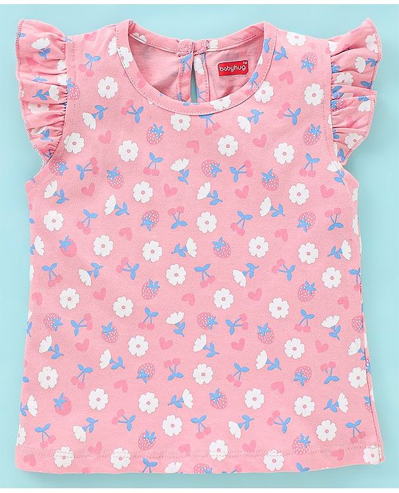 Babyhug 100% Cotton Frill Sleeves Tee With Floral & Strawberry Graphics Pack of 3- Blue & Pink