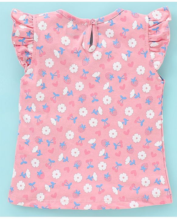 Babyhug 100% Cotton Frill Sleeves Tee With Floral & Strawberry Graphics Pack of 3- Blue & Pink