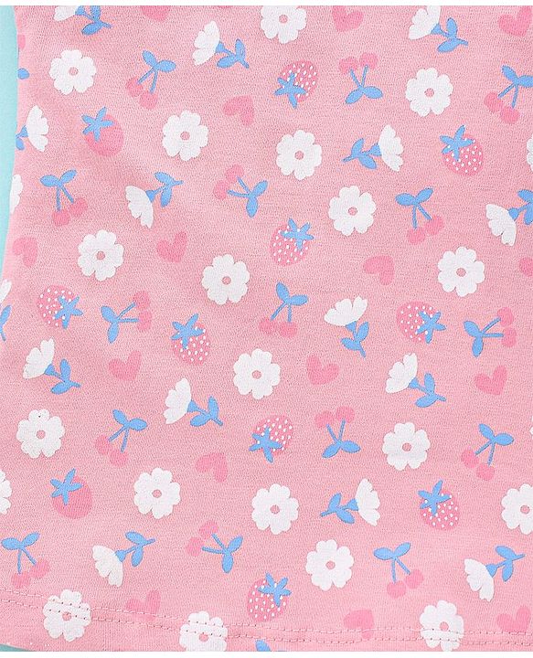 Babyhug 100% Cotton Frill Sleeves Tee With Floral & Strawberry Graphics Pack of 3- Blue & Pink