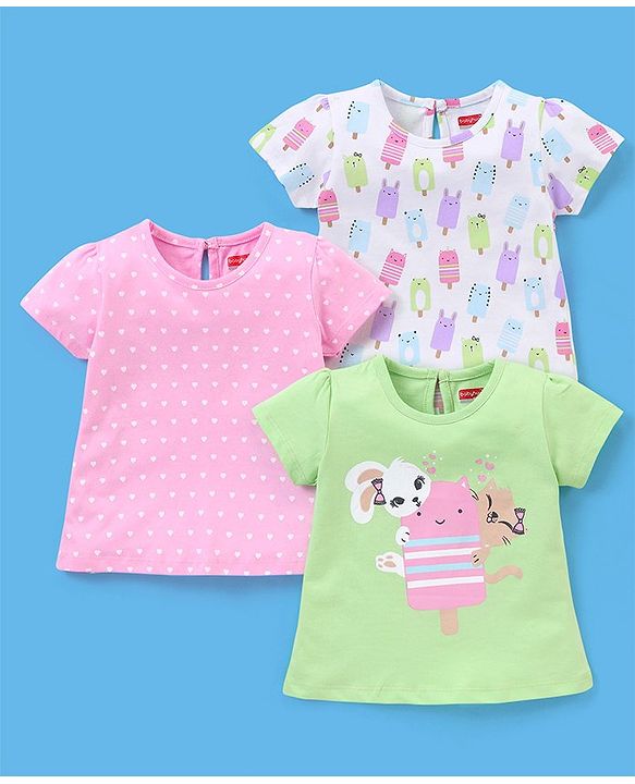 Babyhug 100% Cotton Half Sleeves Tee Ice Cream Print Pack Of 3 - White Green & Pink
