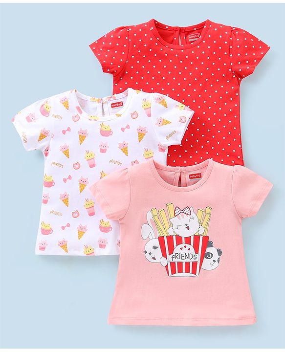 Babyhug 100% Cotton Half Sleeves T-Shirts Polka Dots Printed Pack of 3 - Pink & White