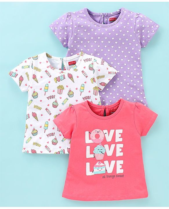 Babyhug 100% Cotton Half Sleeves Tee With Ice Cream & Hearts Graphics Pack of 3- Pink & Purple