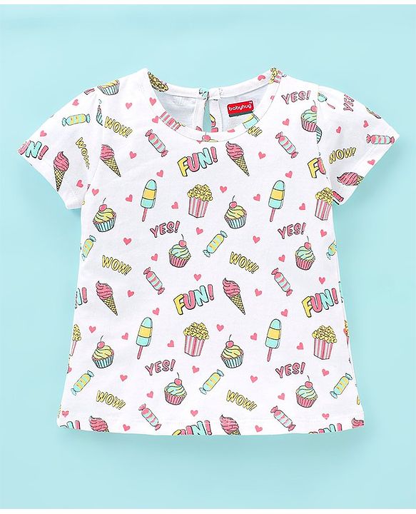 Babyhug 100% Cotton Half Sleeves Tee With Ice Cream & Hearts Graphics Pack of 3- Pink & Purple