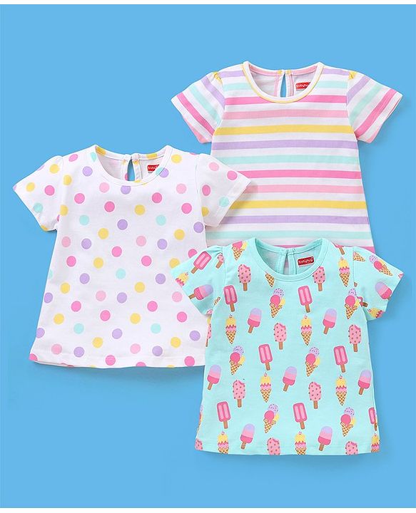 Babyhug 100% Cotton Knit Half Sleeves Graphics Detailing Tees Pack of 3 - White & Green