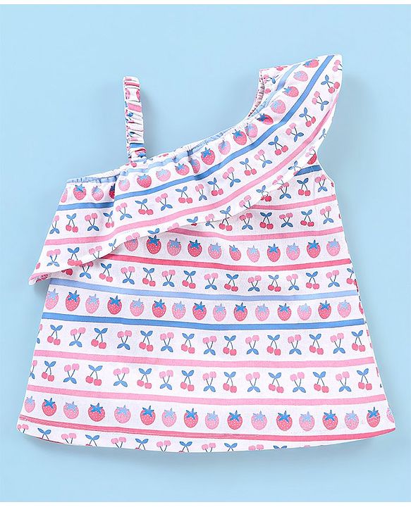 Babyhug Cotton Knit Sleeveless Asymmetrical Top with Frill Detailing & Cherry Print - White