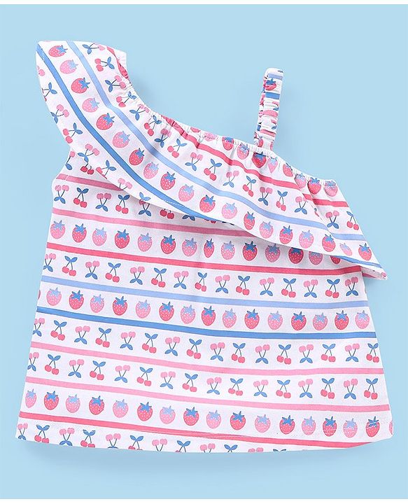 Babyhug Cotton Knit Sleeveless Asymmetrical Top with Frill Detailing & Cherry Print - White