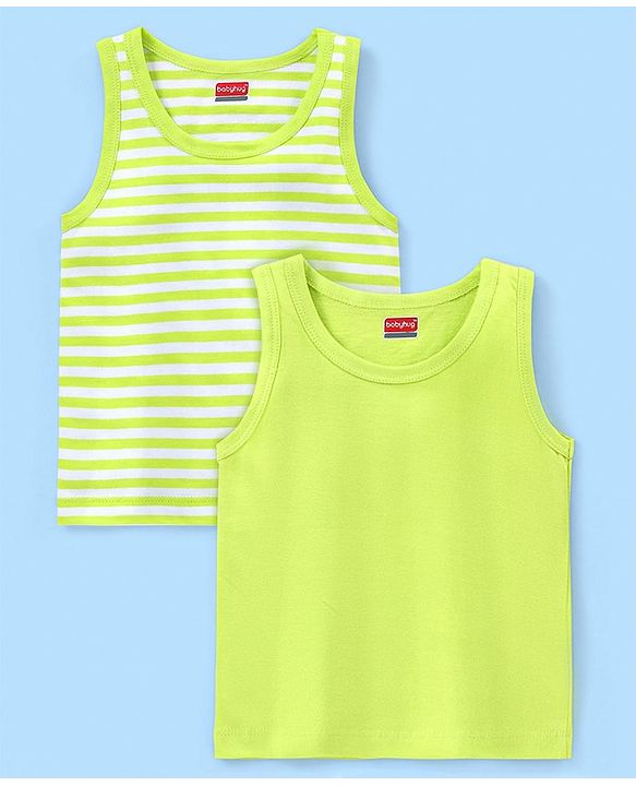 Babyhug 100% Cotton Sleeveless Solid & Stripe Sando Pack of 2 - Green