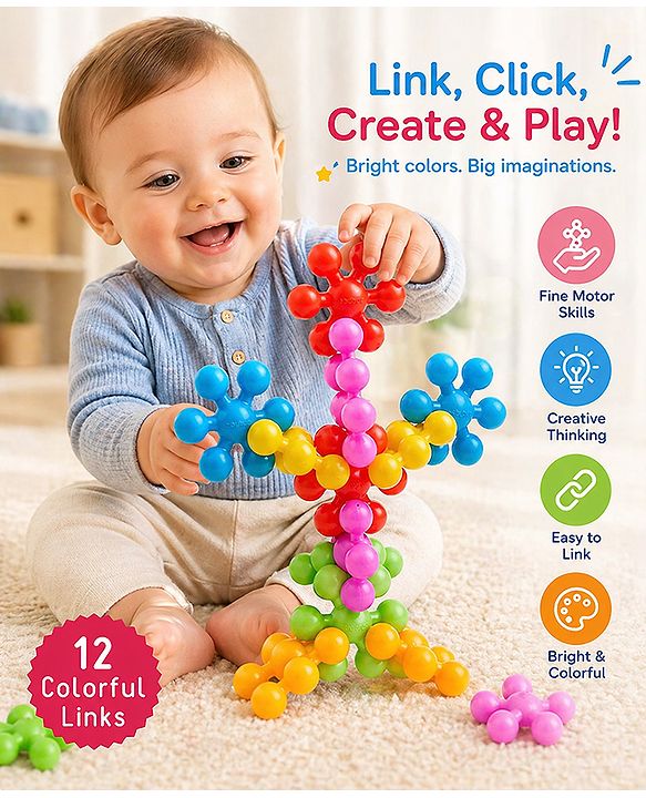 Babyhug Star Links 12 Pcs Colorful Toy| Interlocking Learning and Pre-School Educational Blocks| Improves Creativity And Construction Blocks For Kids| Promote Fine Motor Skills and Sensory Development| BIS Certified| 6 Months+