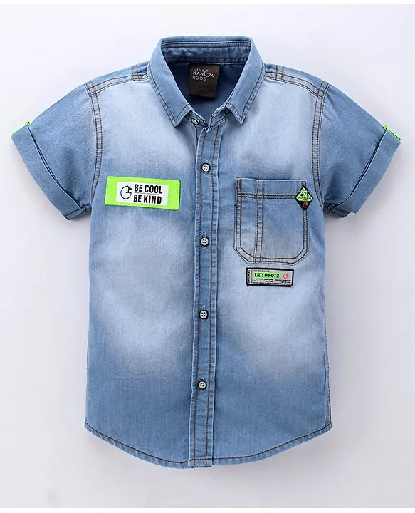Fashion Kids Boys Denim Shirt Short Sleeve Hooded Button Closure T-shirt  Summer Baby Toddler Boys Tops with Pockets