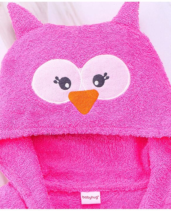Babyhug Woven Terry Full Sleeves Hooded Bath Robe Owl Design - Pink