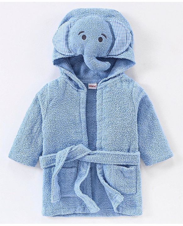 Babyhug Woven Terry Full Sleeves Hooded Bath Robe Elephant Embroidered - Blue