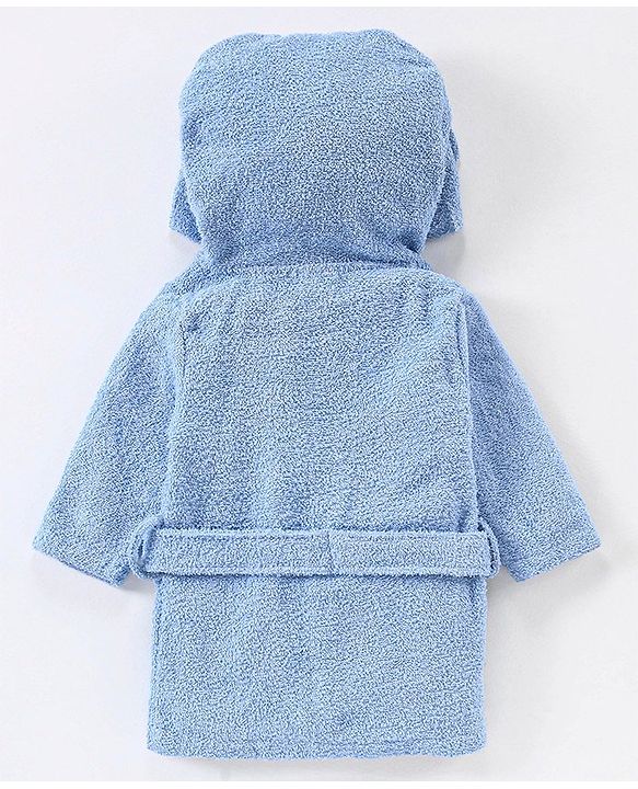 Babyhug Woven Terry Full Sleeves Hooded Bath Robe Elephant Embroidered - Blue