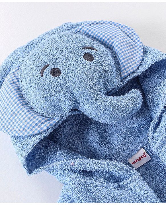 Babyhug Woven Terry Full Sleeves Hooded Bath Robe Elephant Embroidered - Blue