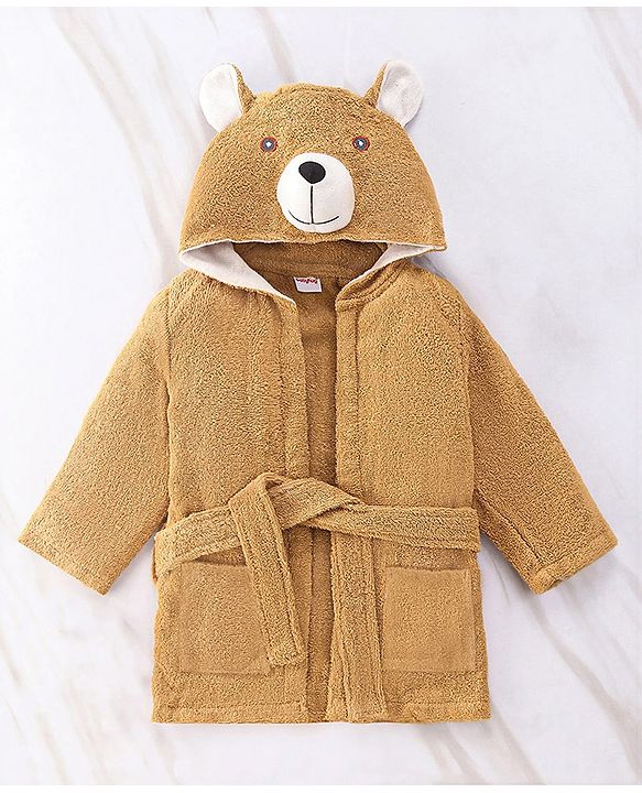 Babyhug Full Sleeves Hooded Bear Bath Robe With 3D Ears - Brown