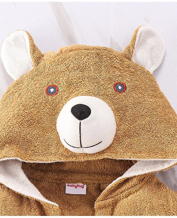 Babyhug Full Sleeves Hooded Bear Bath Robe With 3D Ears - Brown
