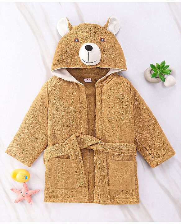 Babyhug Full Sleeves Hooded Bear Bath Robe With 3D Ears - Brown