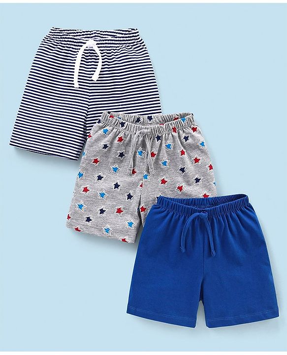 Babyhug Cotton Mid Thigh Length Shorts Striped & Stars Printed Pack of 3 - Grey & Blue