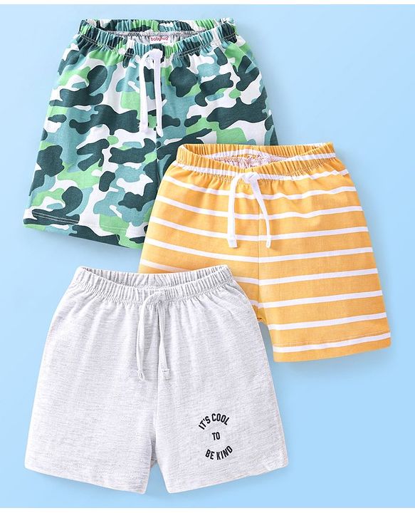 Babyhug Cotton Mid Thigh Length Shorts Stripes & Camo Print Pack of 3- White Orange & Green