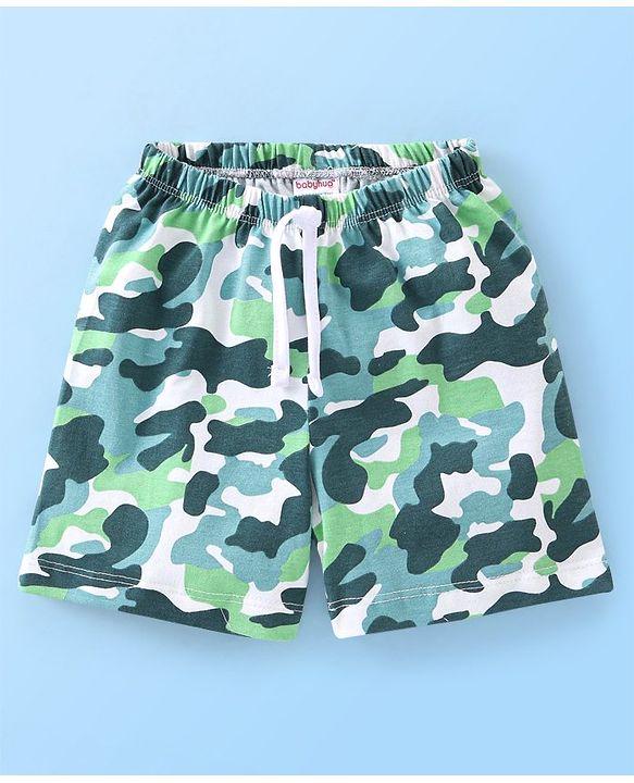 Babyhug Cotton Mid Thigh Length Shorts Stripes & Camo Print Pack of 3- White Orange & Green