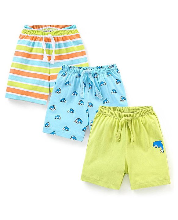 Babyhug Cotton Mid Thigh Length Shorts Stripes & Dolphin Print Pack of 3- Green & Blue