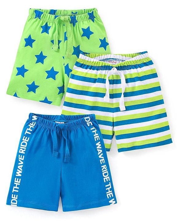 Babyhug Cotton Mid Thigh Length Shorts Stars & Stripes Print Pack of 3- Green & Blue