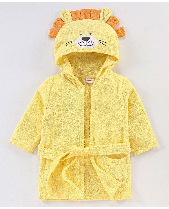 Babyhug Knit Terry Full Sleeves Hooded Bath Robe Lion Embroidered - Yellow